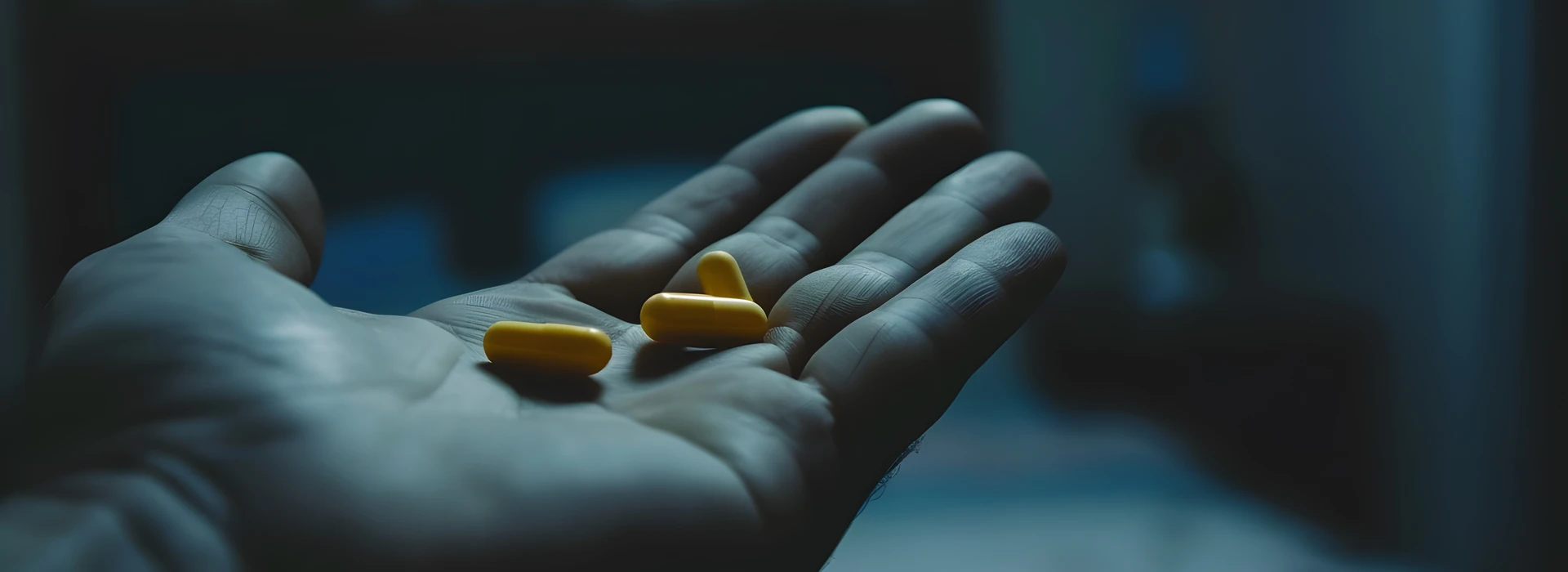 Een hand die gele capsules vasthoudt in een donkere omgeving, symbool voor de strijd tegen middelafhankelijkheid.