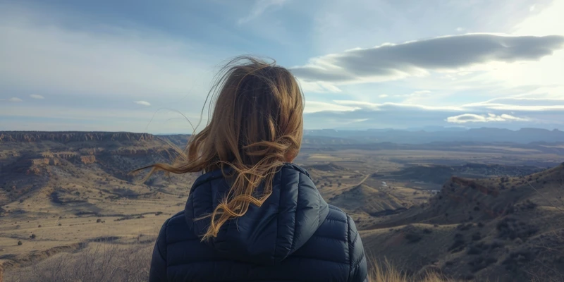 Een vrouw op de rug gezien met haar haren in de wind, uitkijkend over een wijds dal vanaf een heuveltop, wat een gevoel van hoop en een nieuw begin in het herstelproces oproept.