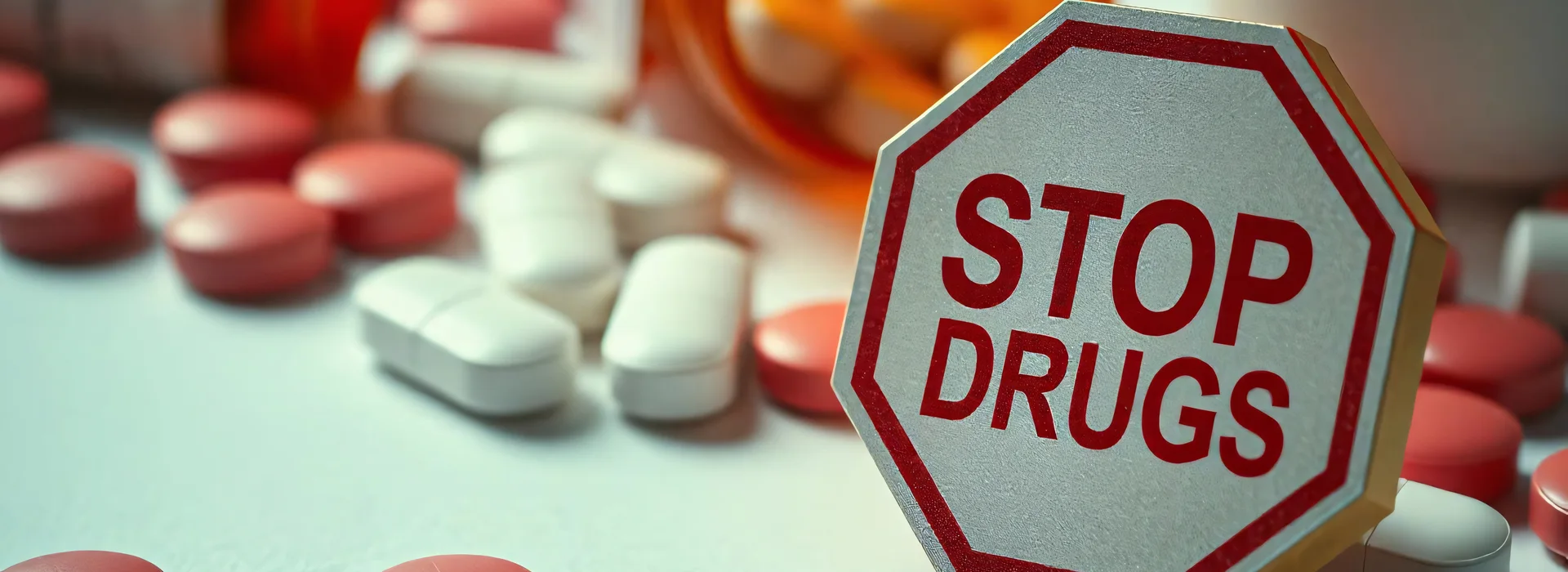 Detailweergave van diverse rood-witte pillen en tabletten met banner.