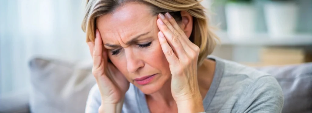 Een vrouw houdt haar hoofd vast bij haar slapen, wat de psychische klachten en dubbele diagnose bij een fentanylverslaving symboliseert.