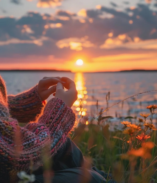 Persoon kijkt uit over de zee bij zonsondergang.