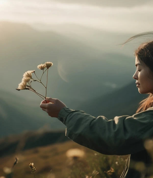 Vrouw die naar een gedroogde bloem kijkt, symbool voor hoop en een nieuw begin.