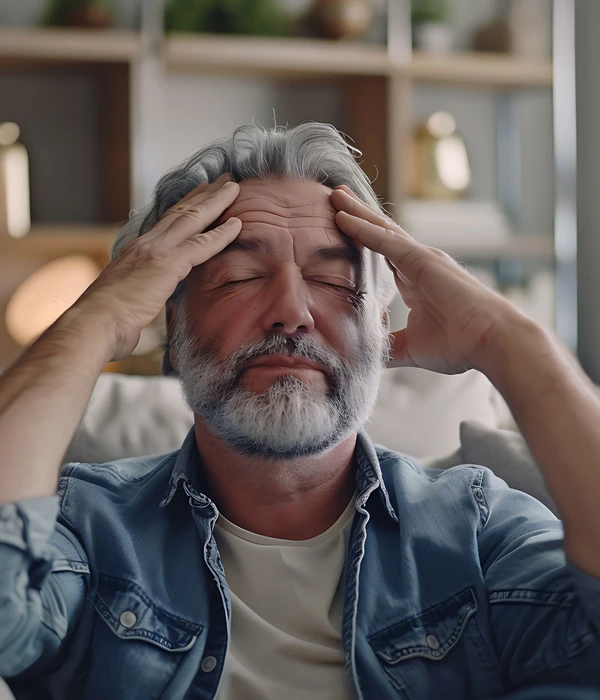 Een man die last heeft van ontwenningsverschijnselen of stress.