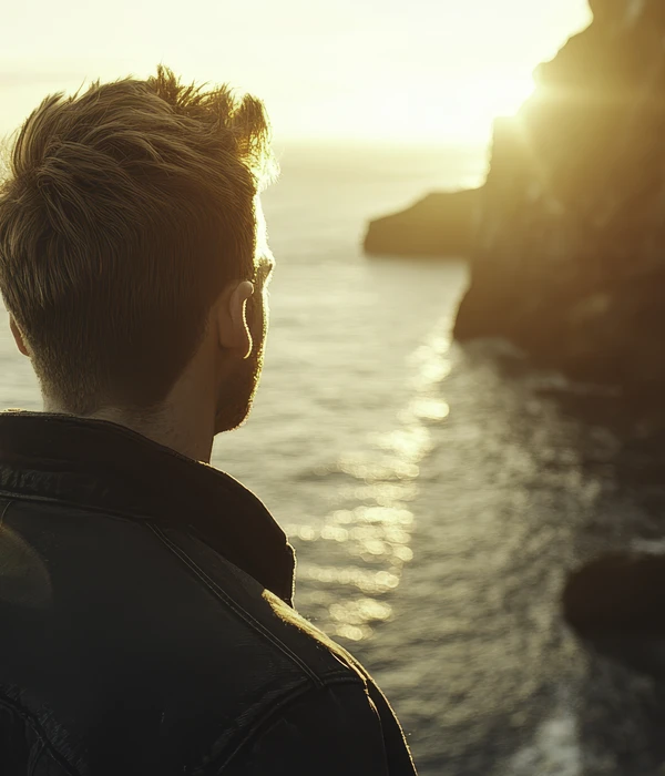 Man die uitkijkt over de zee bij zonsondergang, symbool voor mentale rust en herstel.
