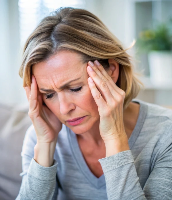 Een vrouw die haar hoofd vasthoudt, wat de mentale strijd en gevoelens van schaamte bij een benzodiazepineverslaving weerspiegelt.