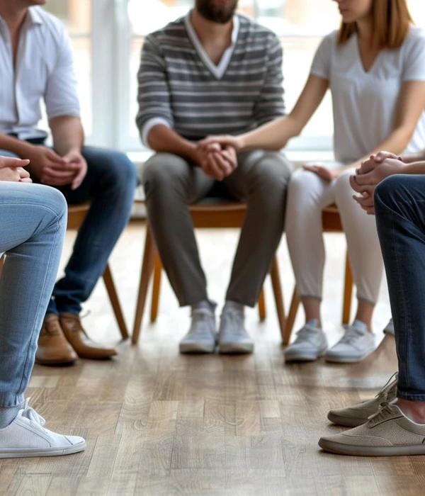 Mensen in een kring houden elkaars handen vast, wat de steun van naasten en verbondenheid bij herstel van Xanax-verslaving symboliseert.