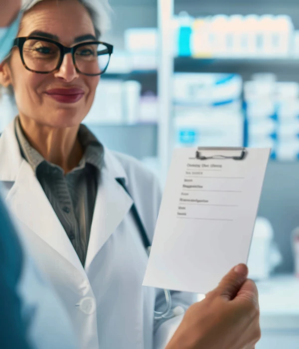 Glimlachende medische professional die een formulier toont, symbool voor transparante uitleg over medicatie.