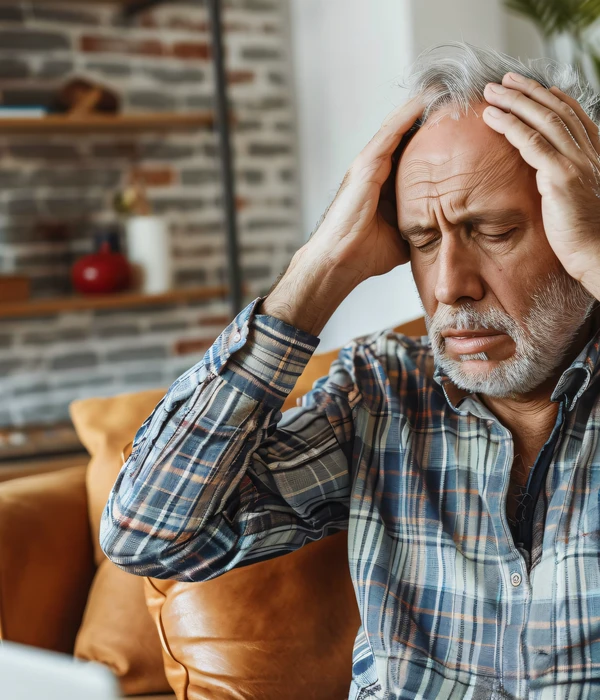 Een man houdt zijn hoofd vast met een pijnlijke uitdrukking, wat de zware psychische gevolgen en angst door Xanax-afhankelijkheid symboliseert.