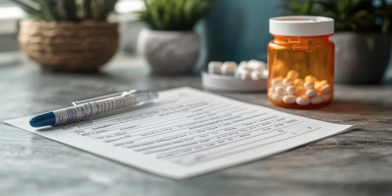 receptformulier ligt op tafel pillenflesje met pen