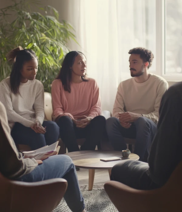Mensen in een cirkel tijdens een ondersteunende groepstherapie sessie voor verslavingszorg.